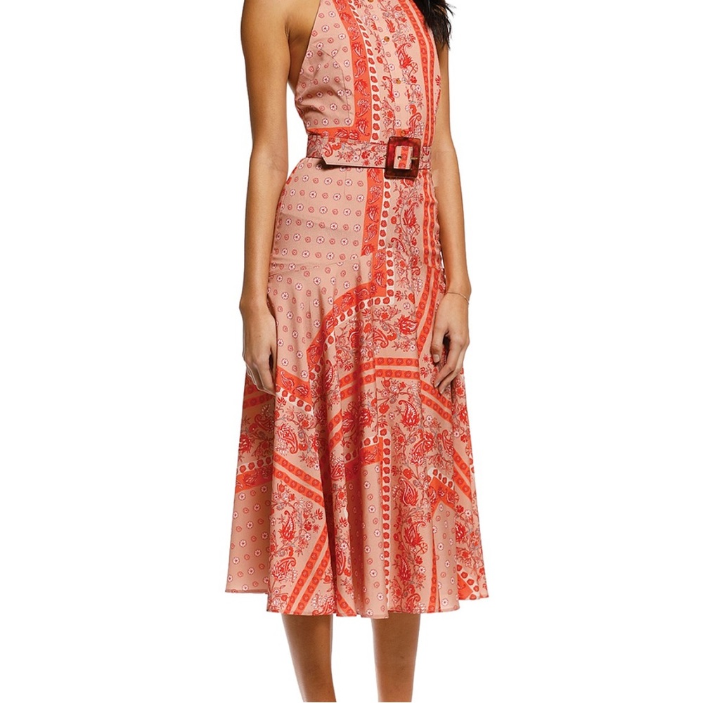 Orange and White Halter Midi Sundress for Wedding Guest